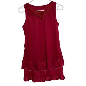 Vintage 1990s Nylon Pajama Sleep Short Set- Rose Red W/ Butterfly Embroidery S/M